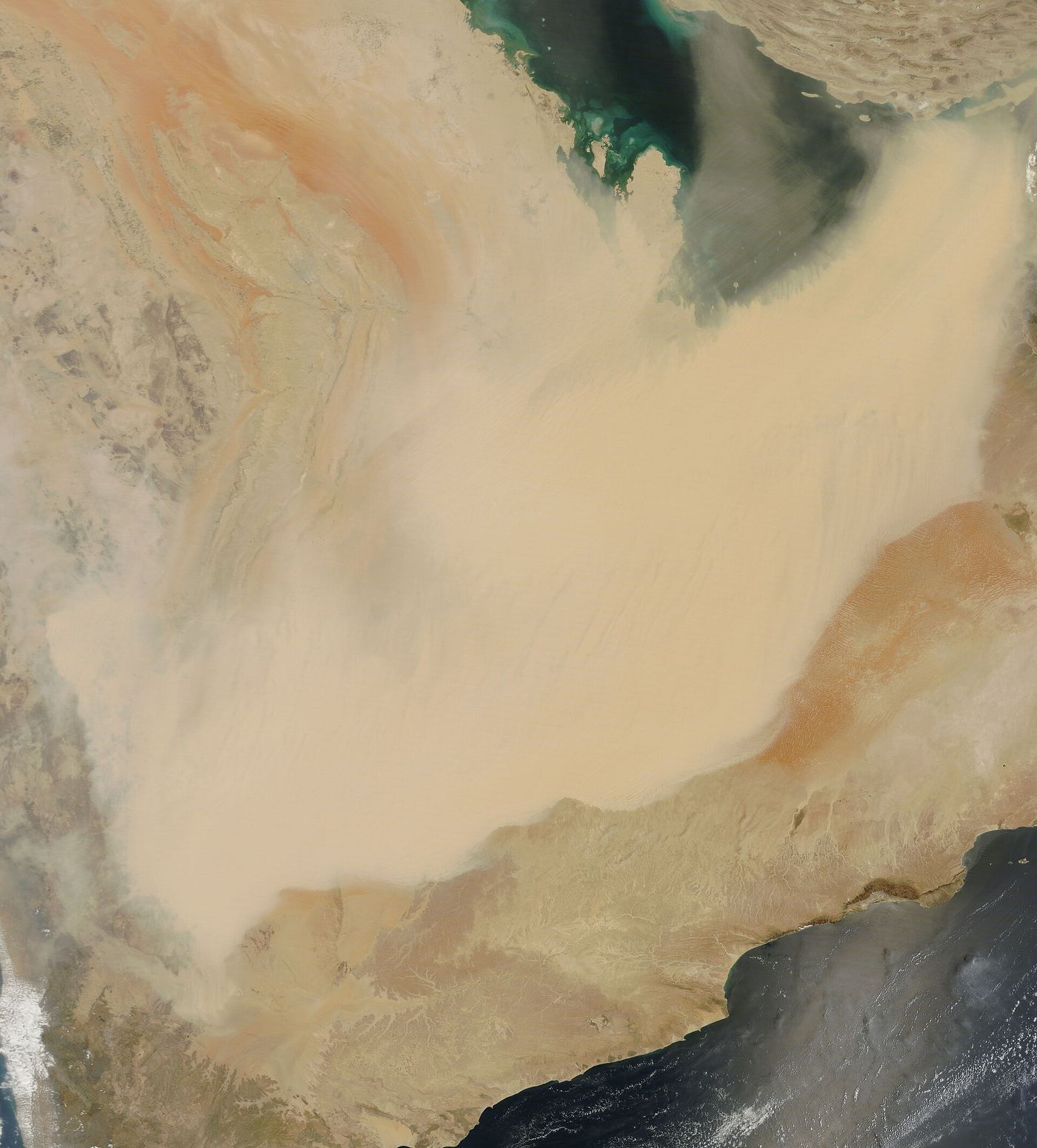 A dust storm over the Arabian Peninsula, photographed from orbit