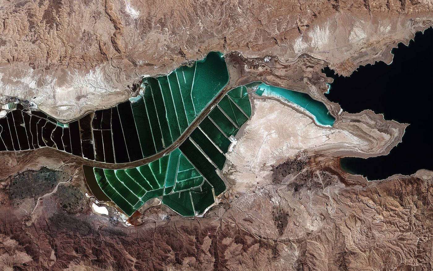 The Dead Sea and its southern evaporation ponds photographed from orbit